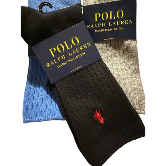 Polo Ralph Lauren Men’s Classic Crew Cotton Socks Bundle 3 Pack Black Blue Gray - Picture 3 of 8